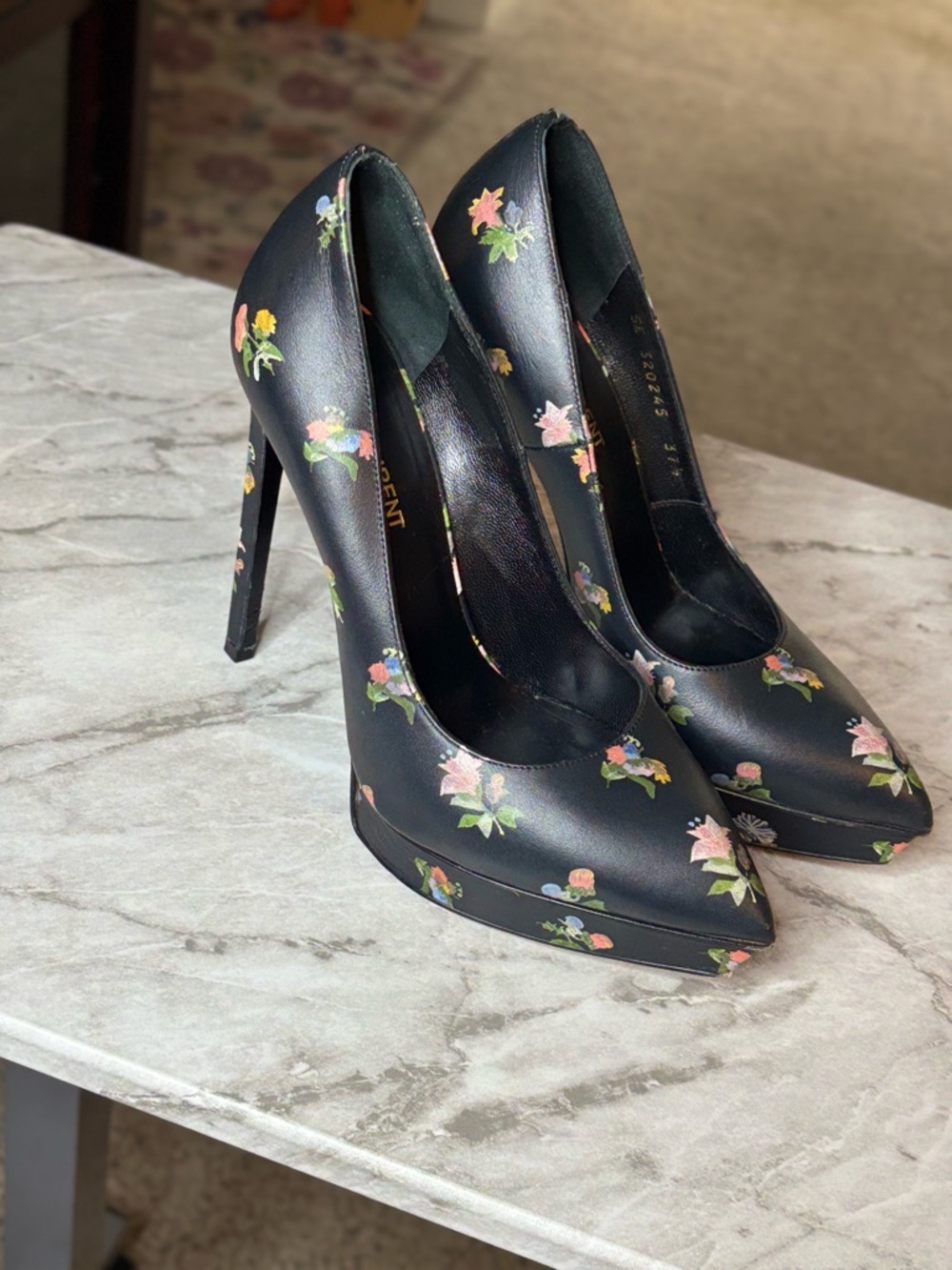 EUC SAINT LAURENT Floral Navy Blue 5”Stilettos Pointed Toe Size 37.5